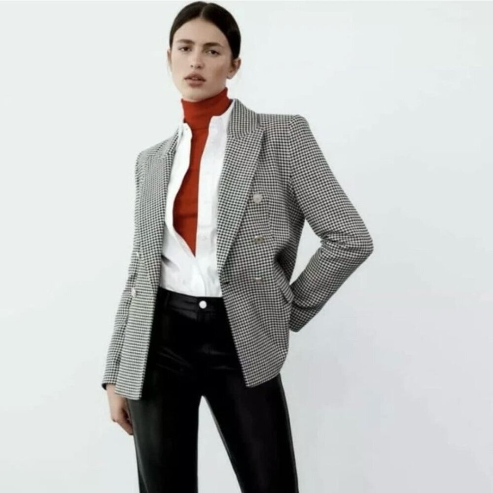 Zara Black & White Checkered Double Breasted Blazer Size Lg NWOT